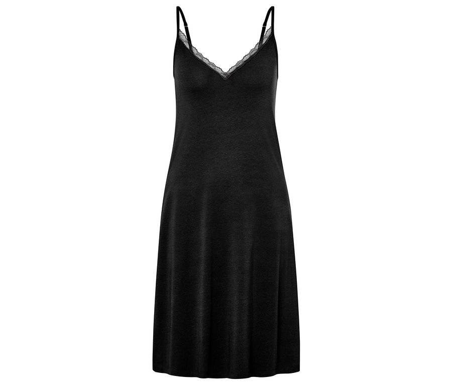 Fekete hálóing csipkével a nyakkivágáson és vékony pántokkal.