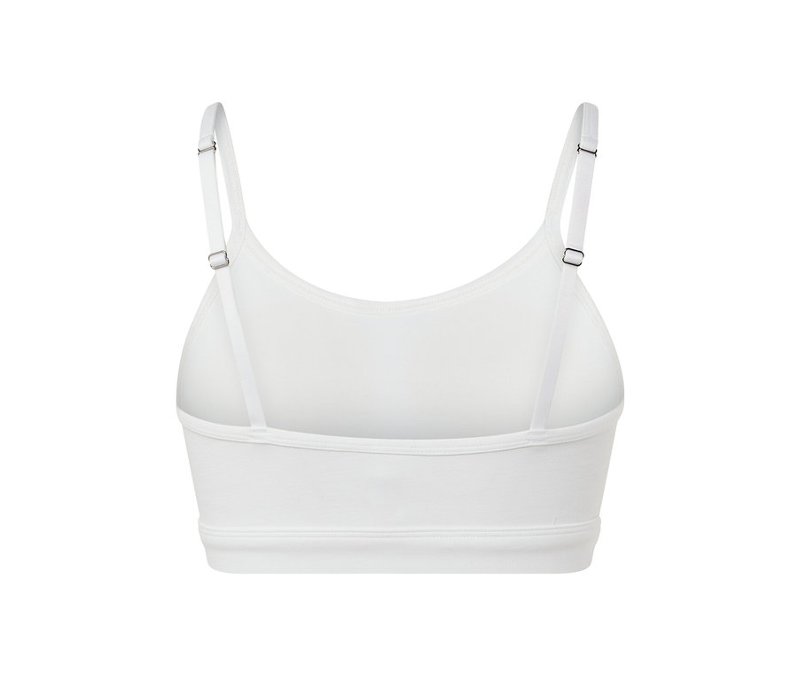 Egy fehér, 2 db-os bustier melltartó hátulnézete, állítható pántokkal.