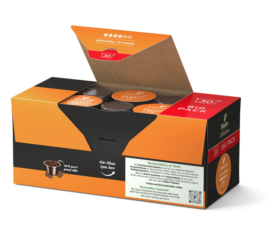 Nyitott Cafissimo kávékapszula csomag.