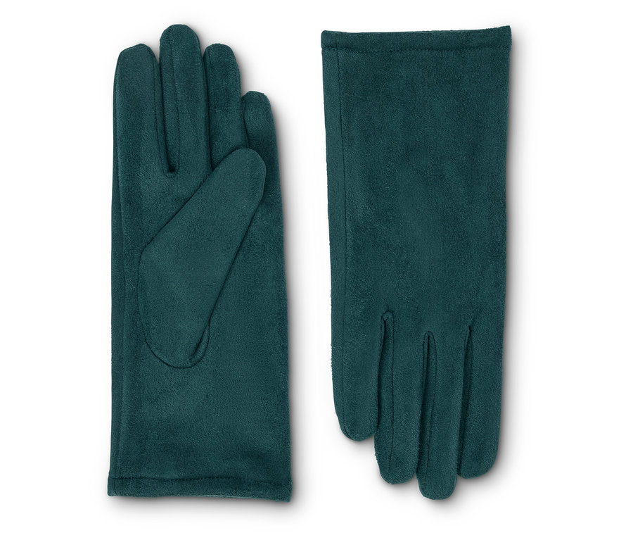 Egy pár petrolkék színű, velúr hatású kesztyű fekszik egymás mellett.