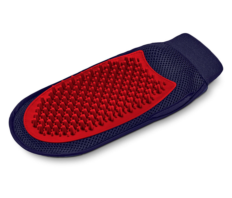 Kék színű kisállat kefe piros sörtékkel.