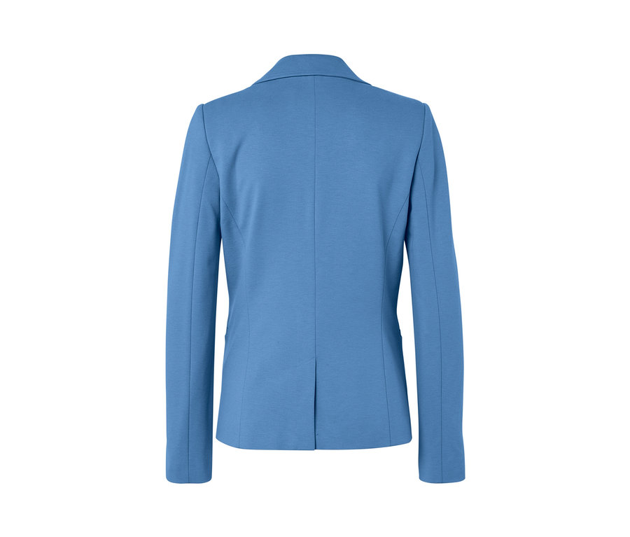 Hátulnézet egy világoskék jersey blézerről.