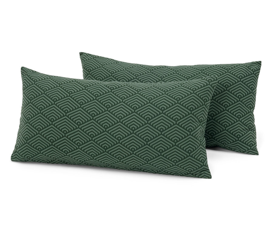 Két téglalap alakú párna geometrikus mintával, zöld árnyalatokban.