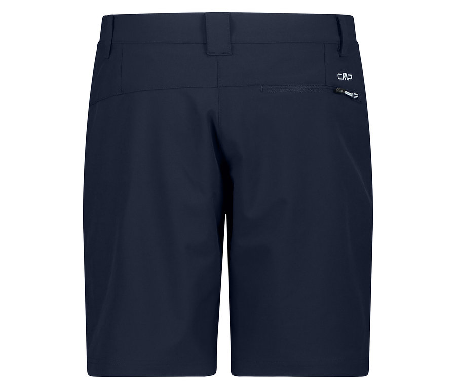 Hátulnézet a sötétkék CMP Damen-4-Wege-Stretch-Bermuda-Shorts cipzáras zsebbel.