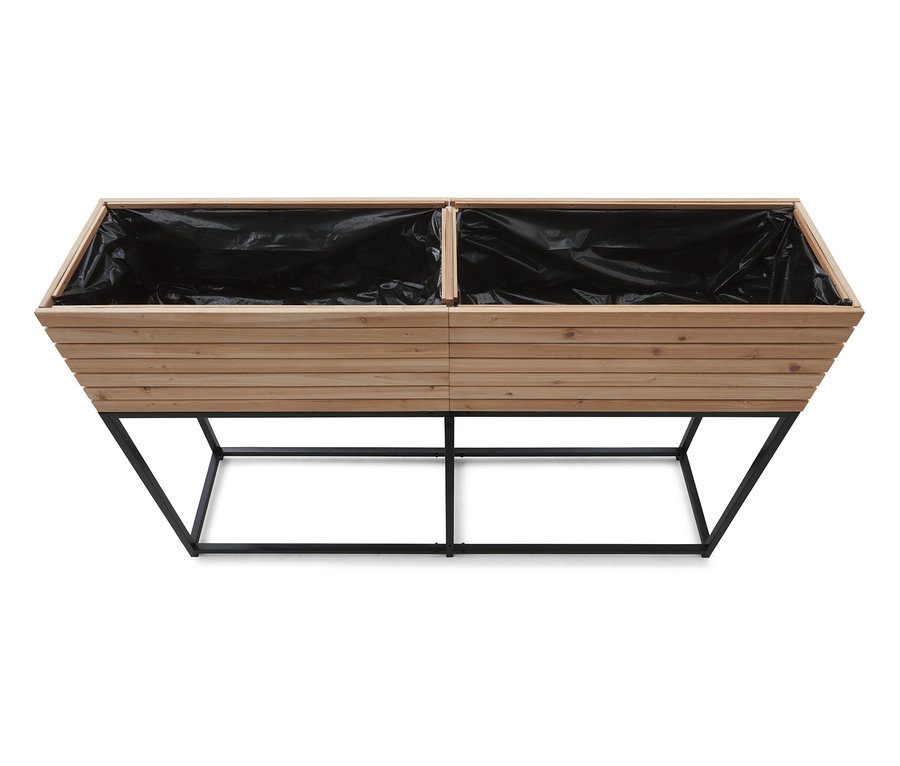 Fából készült virágláda fekete belső béléssel, fekete fémkereten.