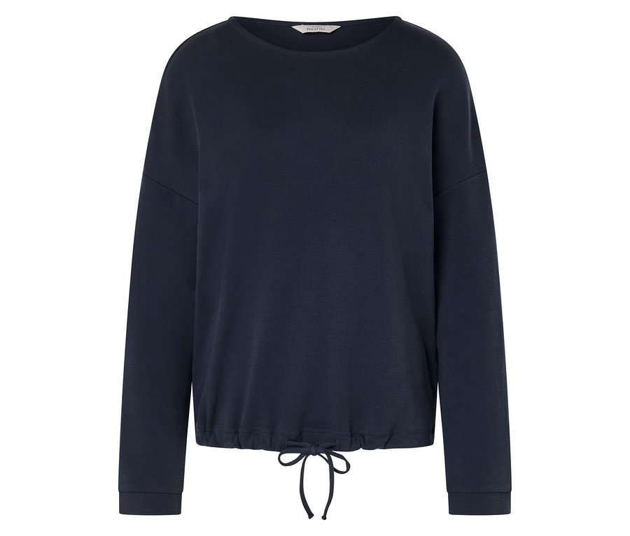 Sötétkék, hosszú ujjú pulóver húzózsinórral az alján.