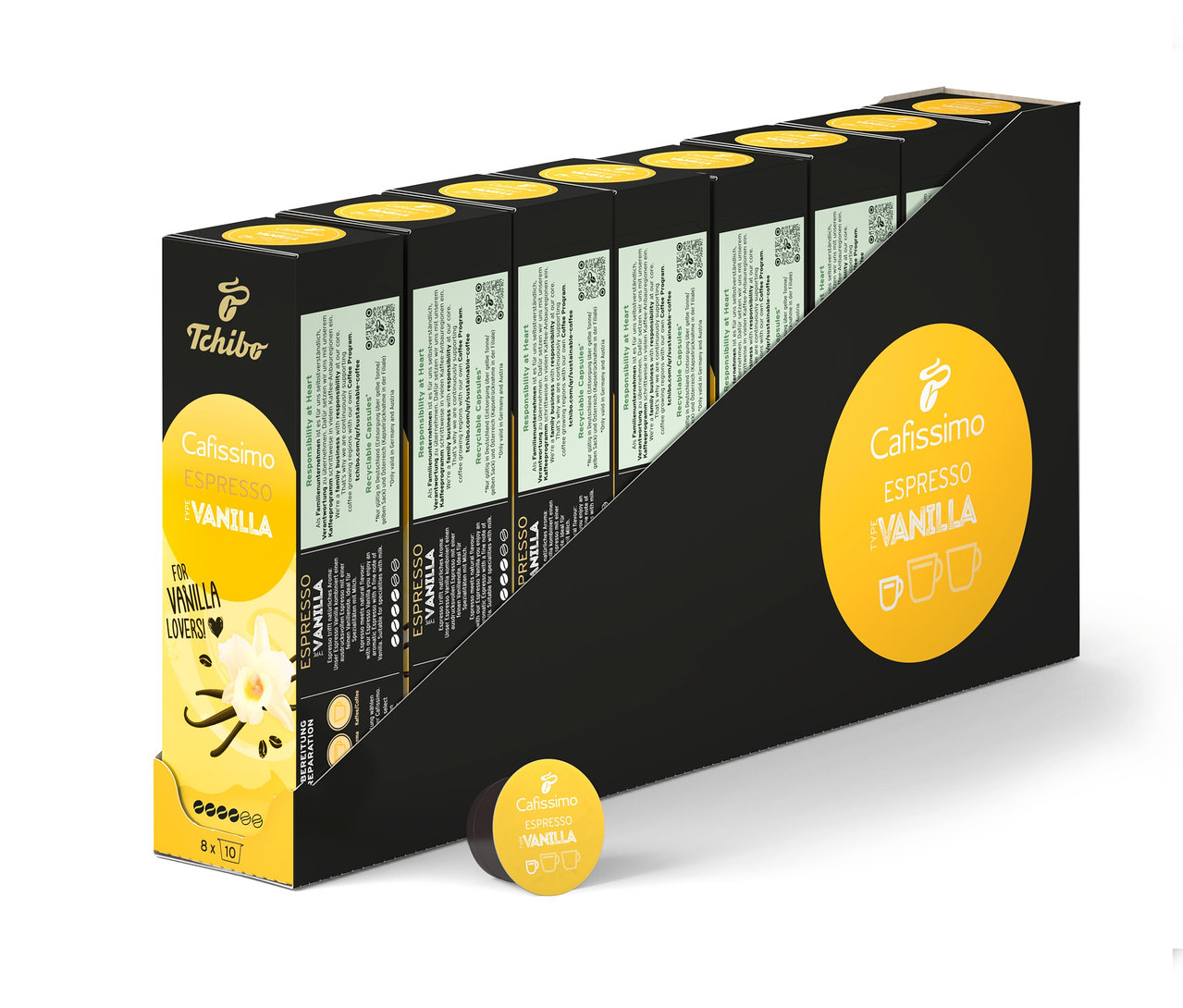 Egy fekete tartóban több csomag Cafissimo Flavoured Espresso – Vanilla – 80 db kávékapszula.