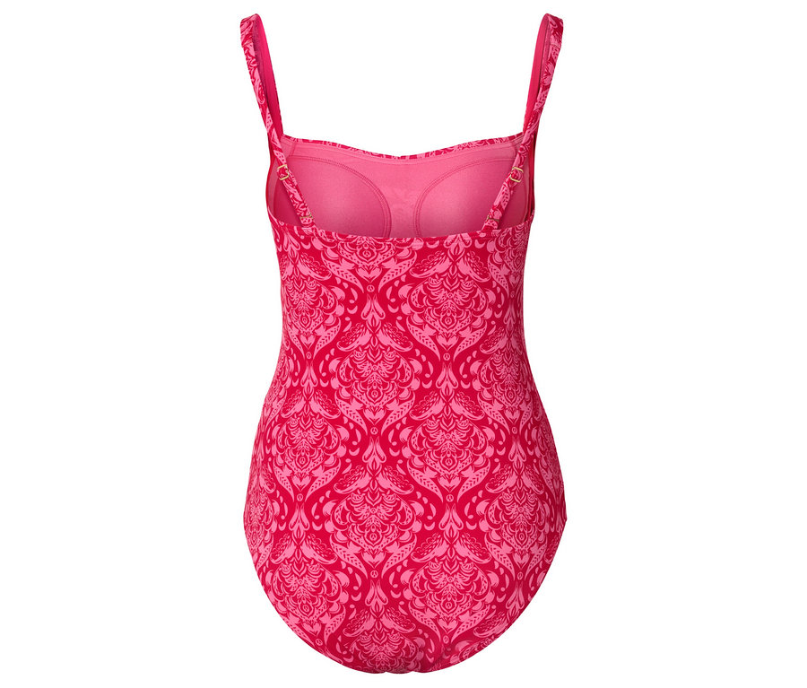 Hátulnézet egy rózsaszín, pántos, teljes mintás fürdőruháról.