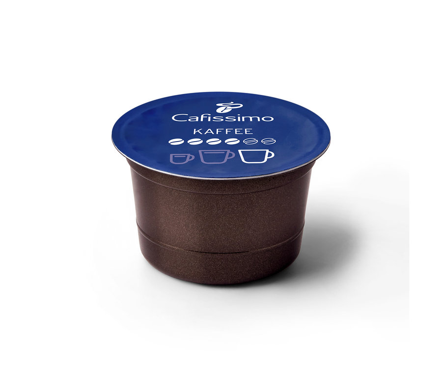 Egy Caffè Intense kávékapszula sötétbarna testtel és sötétkék fedéllel, amelyen a logó és intenzitás szimbólumok láthatók.