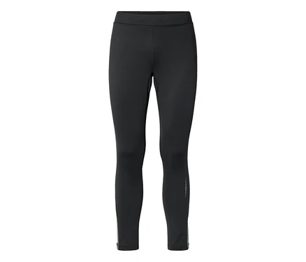 Fekete, hosszú leggings elasztikus derékpánttal, bokacipzárakkal és fényvisszaverő pöttyös mintával a jobb lábszár alsó részén.