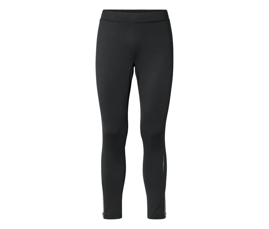 Fekete, hosszú leggings elasztikus derékpánttal, bokacipzárakkal és fényvisszaverő pöttyös mintával a jobb lábszár alsó részén.