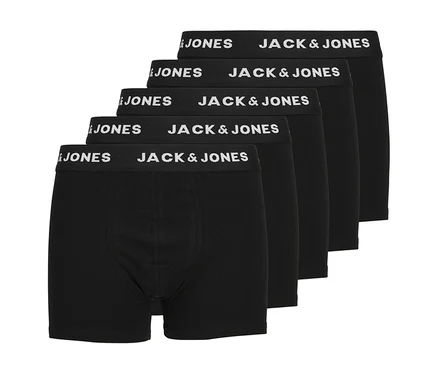 Öt fekete Jack&Jones boxeralsó, egymásra rakva, fehér logós derékpánttal, ötdarabos csomagban.