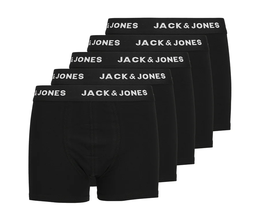Öt fekete Jack&Jones boxeralsó, egymásra rakva, fehér logós derékpánttal, ötdarabos csomagban.