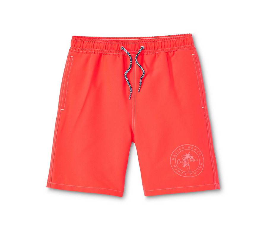 Narancssárga fiú boardshort fürdőnadrág Malibu Beach pálmafa nyomtatással.