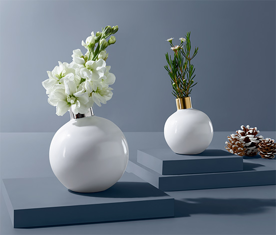 2 váza szettben, gömb, aszimmetrikus, fehér 