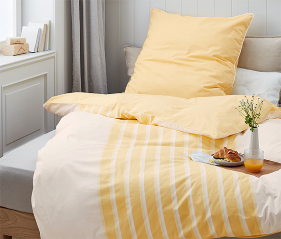 Kétoldalas perkál ágynemű, csíkos, sárga, egyszemélyes