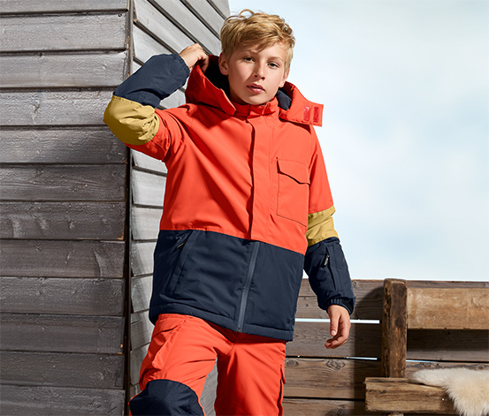 Fiú snowboard kabát, sötétkék/narancssárga