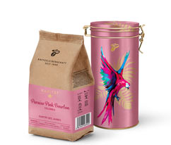 »Paraíso Pink Bourbon« kávékülönlegesség - 250 g szemes kávé + ajándék kávétartó fémdoboz